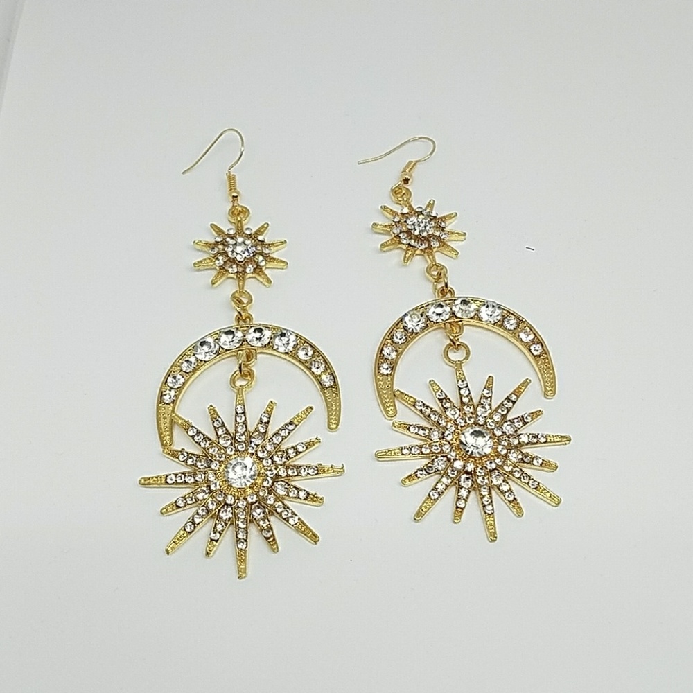 Gold Starburst Sun Moon Dangling Earrings